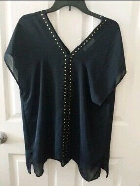 Women's Michael Kors Black V-Neck Top W/ Gold Studded Trim Shirt Sz. Med.